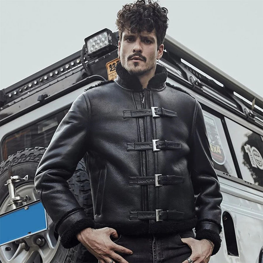 Mens Black Flying Aviator Sheepskin Shearling B3 Bomber Jacket-Men’s B3 bomber aviator jacket in black sheepskin leather with thick moto shearling lining – classic WW2 flight style coat.
