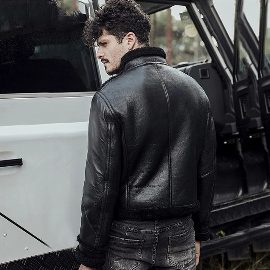 Mens Black Flying Aviator Sheepskin Shearling B3 Bomber Jacket-Men’s B3 bomber aviator jacket in black sheepskin leather with thick moto shearling lining – classic WW2 flight style coat.