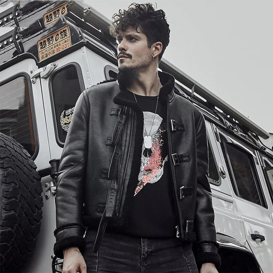 Mens Black Flying Aviator Sheepskin Shearling B3 Bomber Jacket-Men’s B3 bomber aviator jacket in black sheepskin leather with thick moto shearling lining – classic WW2 flight style coat.