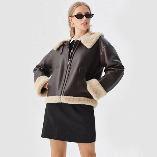Women Oversized Vintage Dark Brown Shearling Leather Jacket