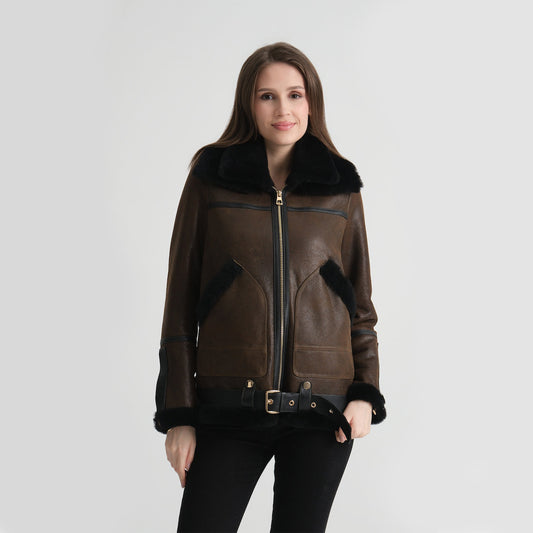 Womens Vintage Pilot Dark Brown Shearling Leather Jacket
