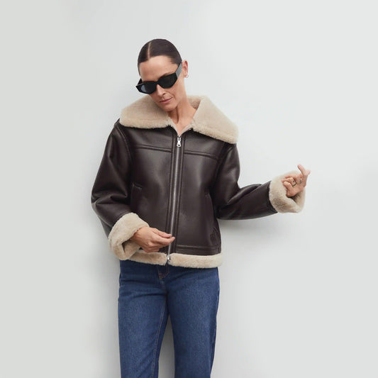 Ladies Aviator Sheepskin Brown Genuine Leather Shearling Collar Jacket