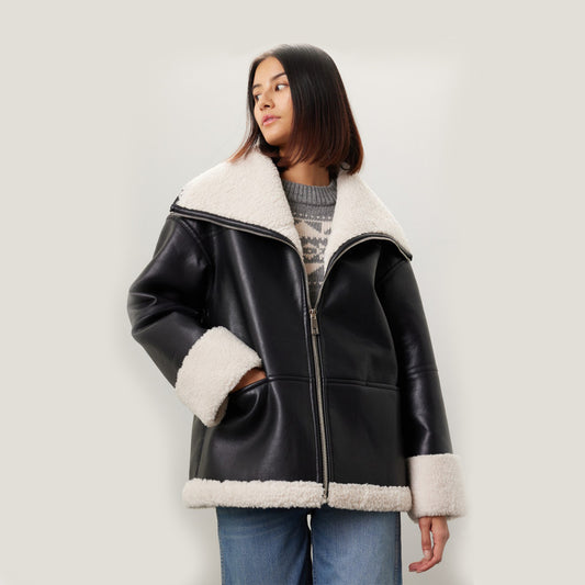 Women's Oversized Loose Fit Black Leather Shearling Jacket