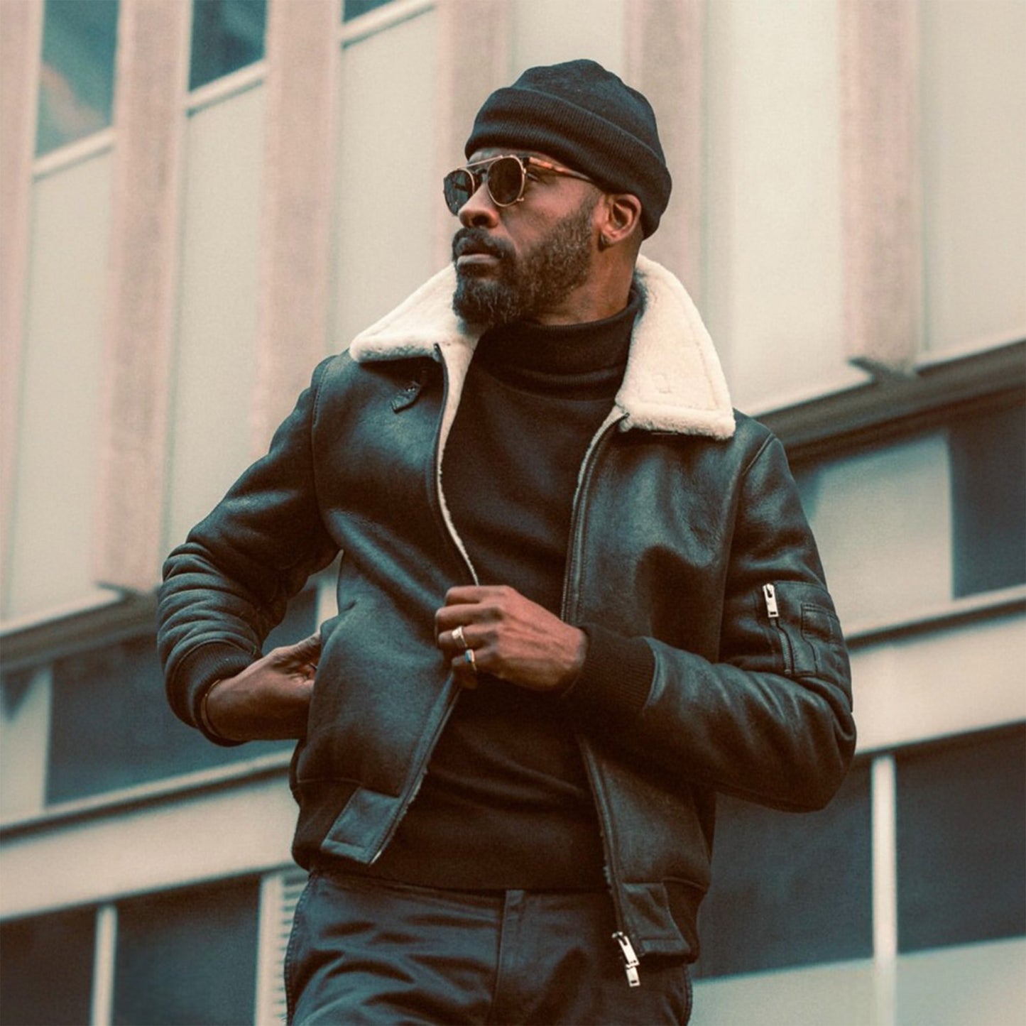 Mens Vintage Aviator Black Sheepskin Shearling Bomber Leather Jacket-Men’s shearling leather jacket – vintage black or white aviator, bomber, or moto style with genuine sheepskin lining for winter.