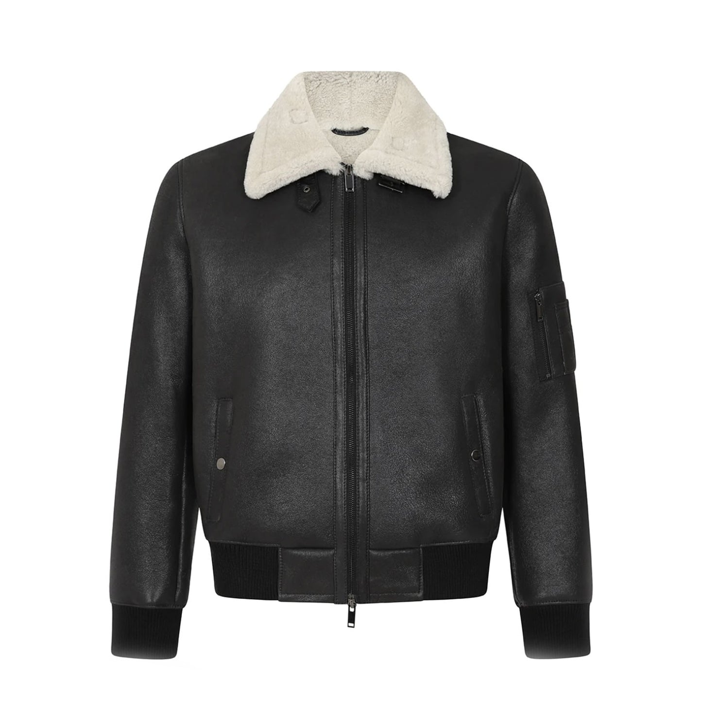 Mens Vintage Aviator Black Sheepskin Shearling Bomber Leather Jacket-Men’s shearling leather jacket – vintage black or white aviator, bomber, or moto style with genuine sheepskin lining for winter.