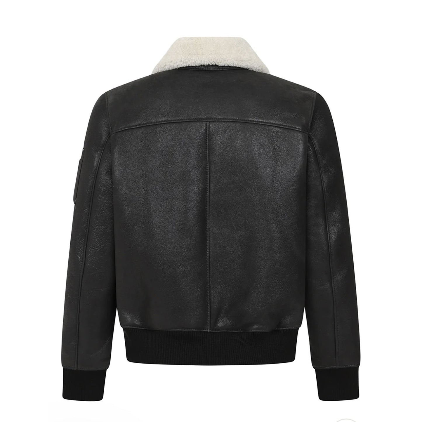Mens Vintage Aviator Black Sheepskin Shearling Bomber Leather Jacket-Men’s shearling leather jacket – vintage black or white aviator, bomber, or moto style with genuine sheepskin lining for winter.