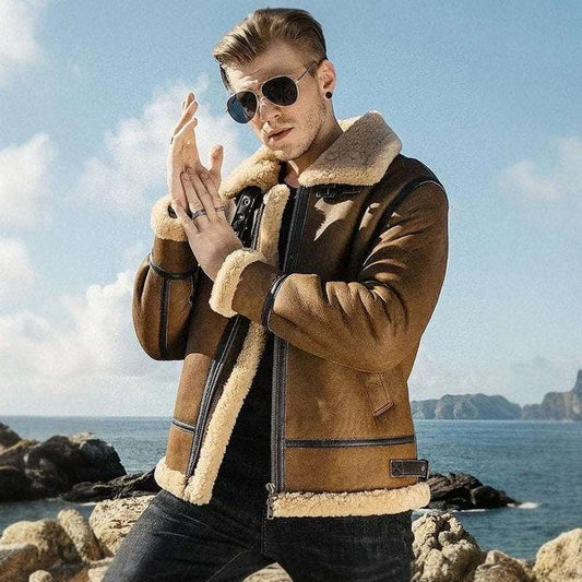 Mens Vintage Brown Genuine Sheepskin Leather Shearling Aviator Jacket-Men’s vintage brown shearling leather jacket – aviator bomber with sheepskin collar, retro flight style, and genuine leather.