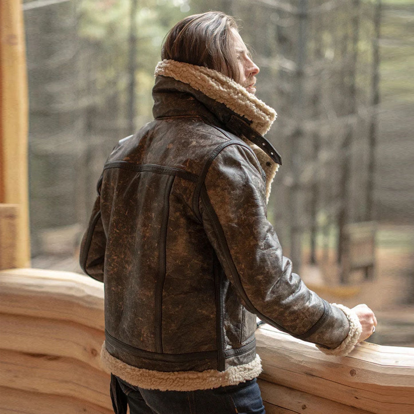 Men's Brown Genuine Leather Shearling Jacket-sheepskin aviator bomber coat, vintage flight jacket style, warm winter outerwear.