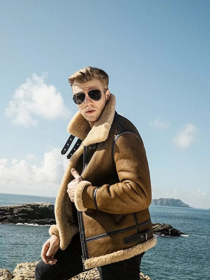 Mens Vintage Brown Genuine Sheepskin Leather Shearling Aviator Jacket-Men’s vintage brown shearling leather jacket – aviator bomber with sheepskin collar, retro flight style, and genuine leather.