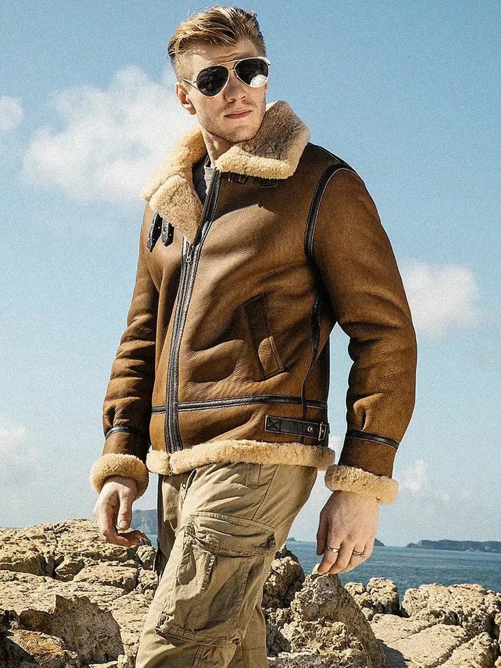 Mens Vintage Brown Genuine Sheepskin Leather Shearling Aviator Jacket-Men’s vintage brown shearling leather jacket – aviator bomber with sheepskin collar, retro flight style, and genuine leather.