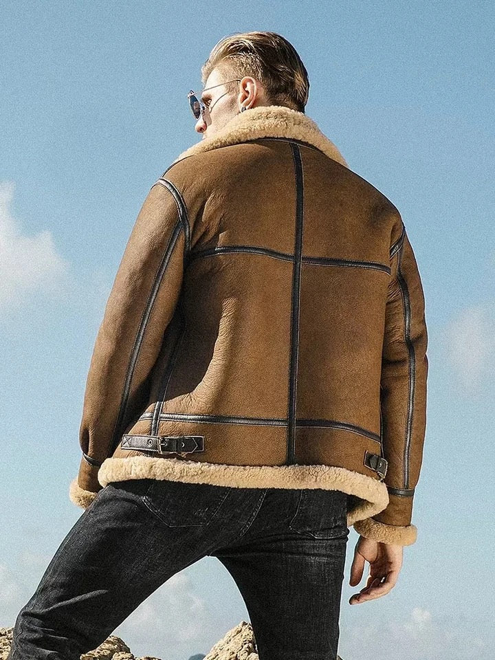 Mens Vintage Brown Genuine Sheepskin Leather Shearling Aviator Jacket-Men’s vintage brown shearling leather jacket – aviator bomber with sheepskin collar, retro flight style, and genuine leather.