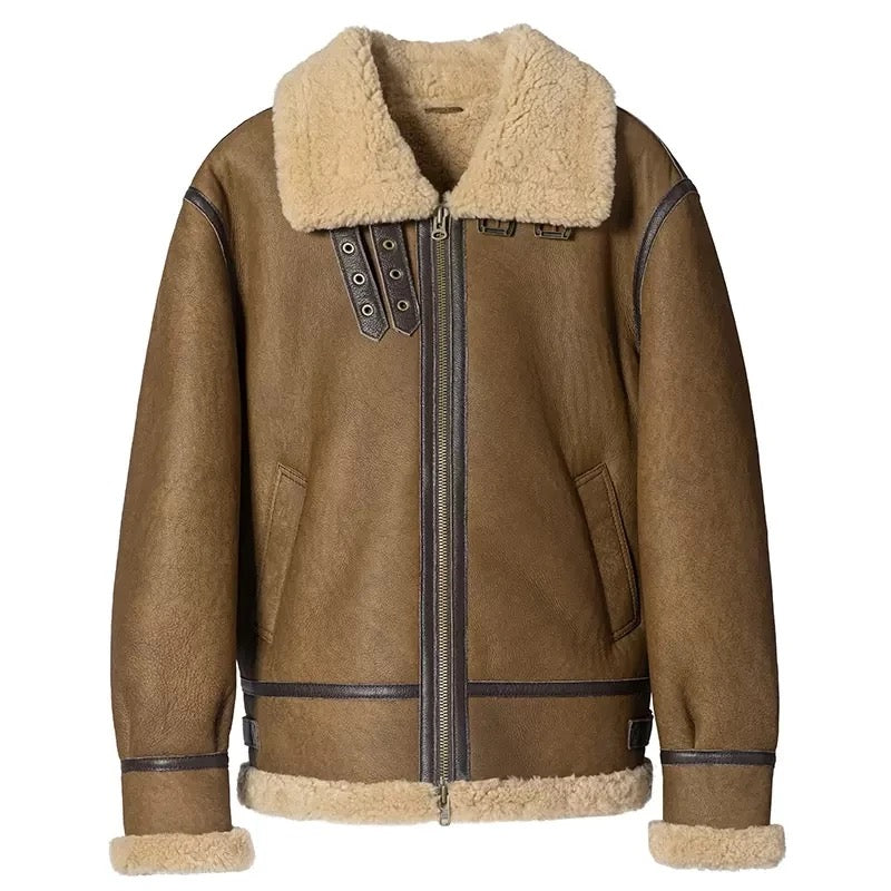 Mens Vintage Brown Genuine Sheepskin Leather Shearling Aviator Jacket