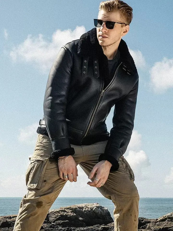 Mens Black Vintage Aviator Sheepskin Leather Bomber Shearling Flying Jacket-Men’s black shearling leather aviator jacket – vintage bomber with sheepskin lining, shearling collar, and retro flight style.