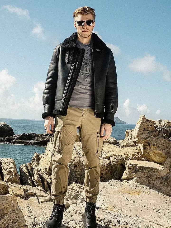 Mens Black Vintage Aviator Sheepskin Leather Bomber Shearling Flying Jacket-Men’s black shearling leather aviator jacket – vintage bomber with sheepskin lining, shearling collar, and retro flight style.