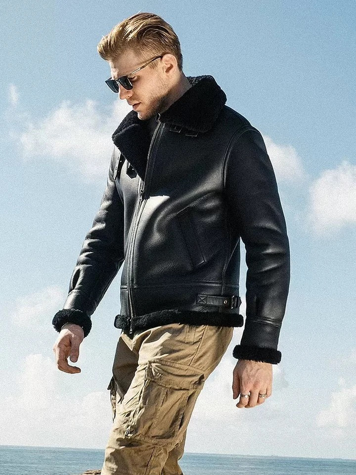 Mens Black Vintage Aviator Sheepskin Leather Bomber Shearling Flying Jacket-Men’s black shearling leather aviator jacket – vintage bomber with sheepskin lining, shearling collar, and retro flight style.