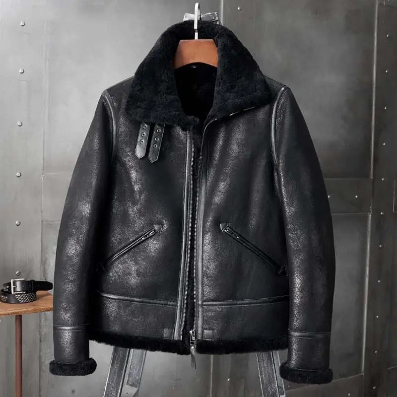 Mens Black Aviator Flight Genuine Sheepskin Vintage Shearling Leather Jacket-Men’s 70s vintage black sheepskin leather aviator jacket – bomber style with shearling lining, shearling collar, and retro flight look.