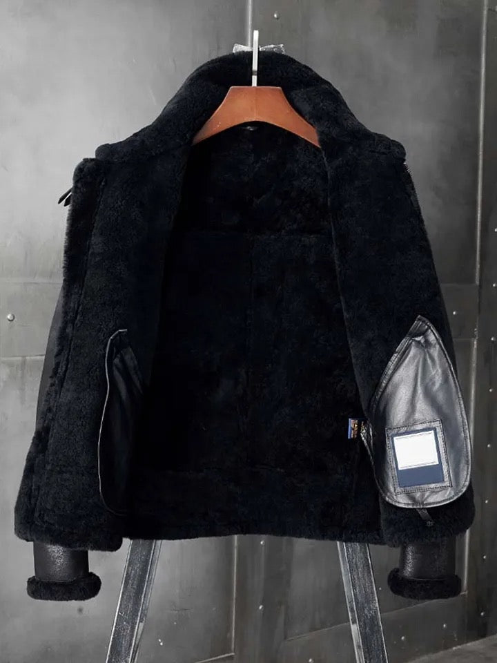 Mens Black Aviator Flight Genuine Sheepskin Vintage Shearling Leather Jacket-Men’s 70s vintage black sheepskin leather aviator jacket – bomber style with shearling lining, shearling collar, and retro flight look.