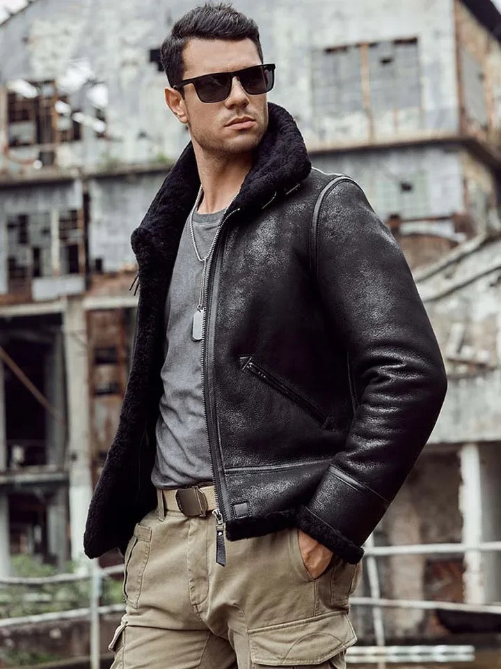 Mens Black Aviator Flight Genuine Sheepskin Vintage Shearling Leather Jacket-Men’s 70s vintage black sheepskin leather aviator jacket – bomber style with shearling lining, shearling collar, and retro flight look.