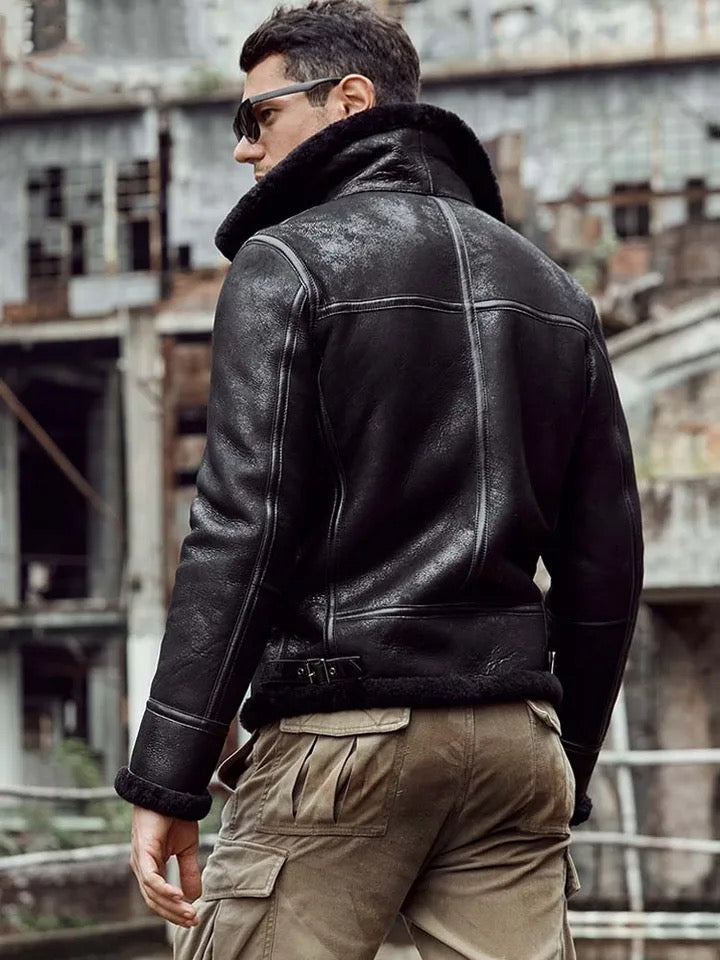 Mens Black Aviator Flight Genuine Sheepskin Vintage Shearling Leather Jacket-Men’s 70s vintage black sheepskin leather aviator jacket – bomber style with shearling lining, shearling collar, and retro flight look.