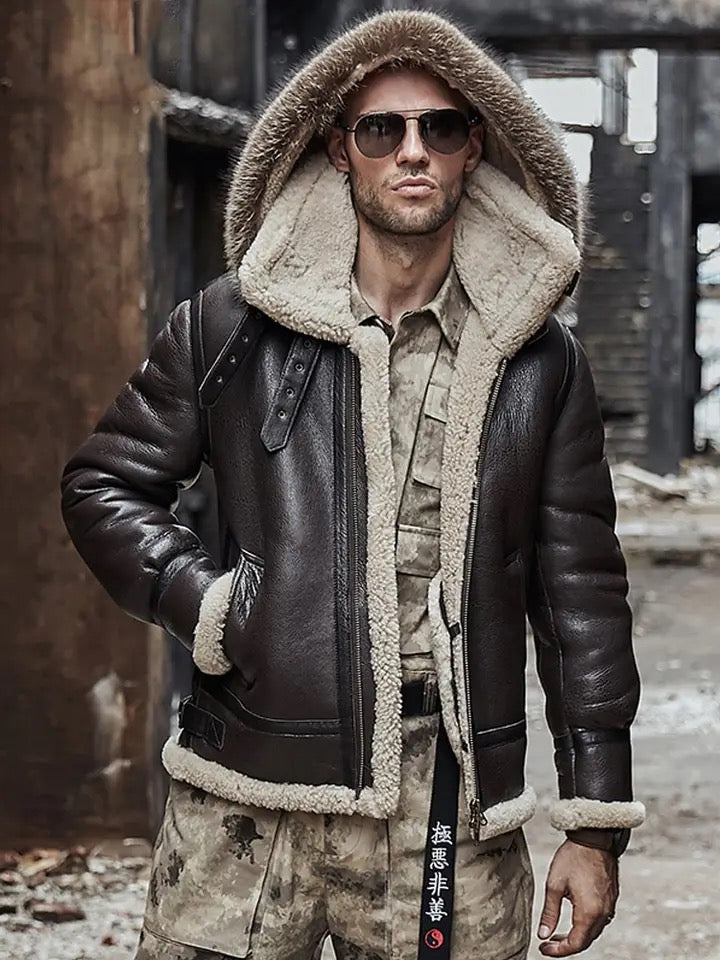 Mens Vintage Aviator Flight Sheepskin Brown Genuine Leather Shearling Jacket-Hooded brown leather shearling jacket – vintage 70s bomber style with sheepskin lining, shearling collar, and retro design.