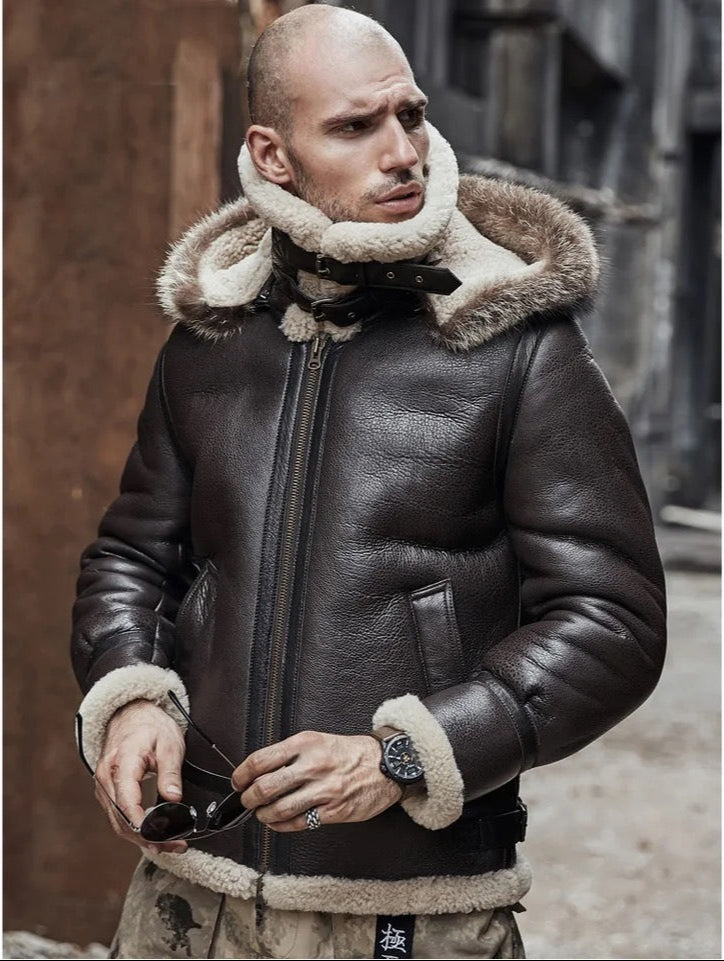 Mens Vintage Aviator Flight Sheepskin Brown Genuine Leather Shearling Jacket-Hooded brown leather shearling jacket – vintage 70s bomber style with sheepskin lining, shearling collar, and retro design.