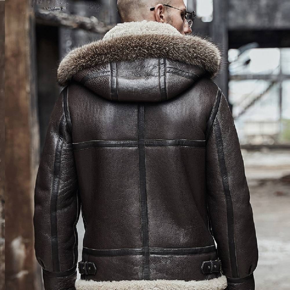 Mens Vintage Aviator Flight Sheepskin Brown Genuine Leather Shearling Jacket-Hooded brown leather shearling jacket – vintage 70s bomber style with sheepskin lining, shearling collar, and retro design.