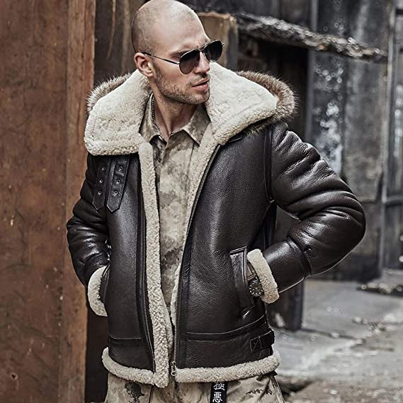 Mens Vintage Aviator Flight Sheepskin Brown Genuine Leather Shearling Jacket With Hood-brown leather shearling jacket – vintage 70s bomber style with sheepskin lining, shearling collar, and retro design.