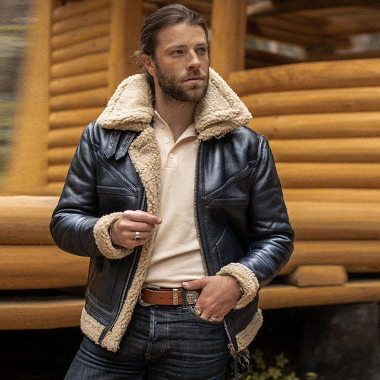 Mens Vintage Black Sheepskin Flight Aviator Shearling Leather Jacket- Men’s black leather shearling aviator jacket – vintage bomber style with shearling collar and genuine sheepskin.