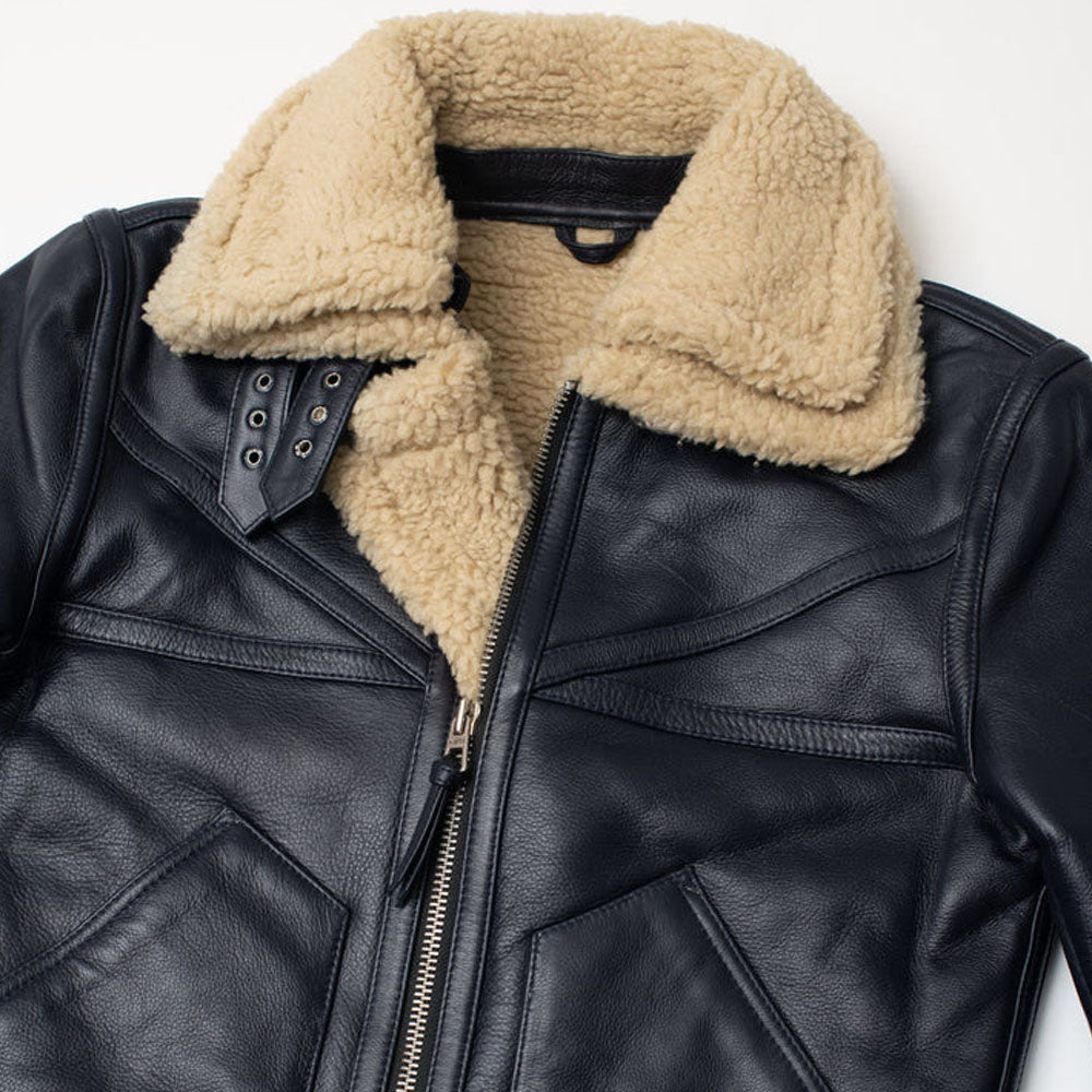 Mens Vintage Black Sheepskin Flight Aviator Shearling Leather Jacket- Men’s black leather shearling aviator jacket – vintage bomber style with shearling collar and genuine sheepskin.