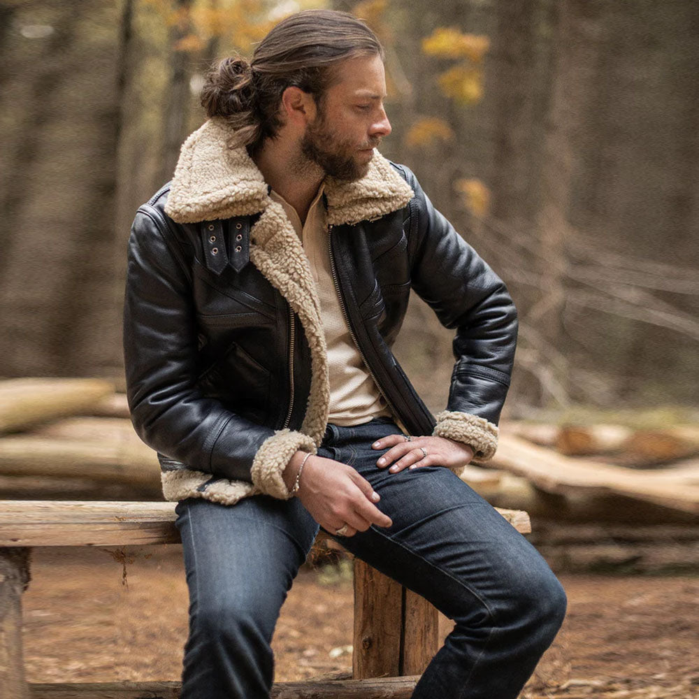 Mens Vintage Black Sheepskin Flight Aviator Shearling Leather Jacket- Men’s black leather shearling aviator jacket – vintage bomber style with shearling collar and genuine sheepskin.