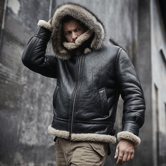 Mens Vintage Black Aviator Pilot Fur Hooded Shearling Leather Jacket-Men’s hooded shearling leather jacket – black vintage aviator style with sheepskin lining, fur hood, and bomber design.
