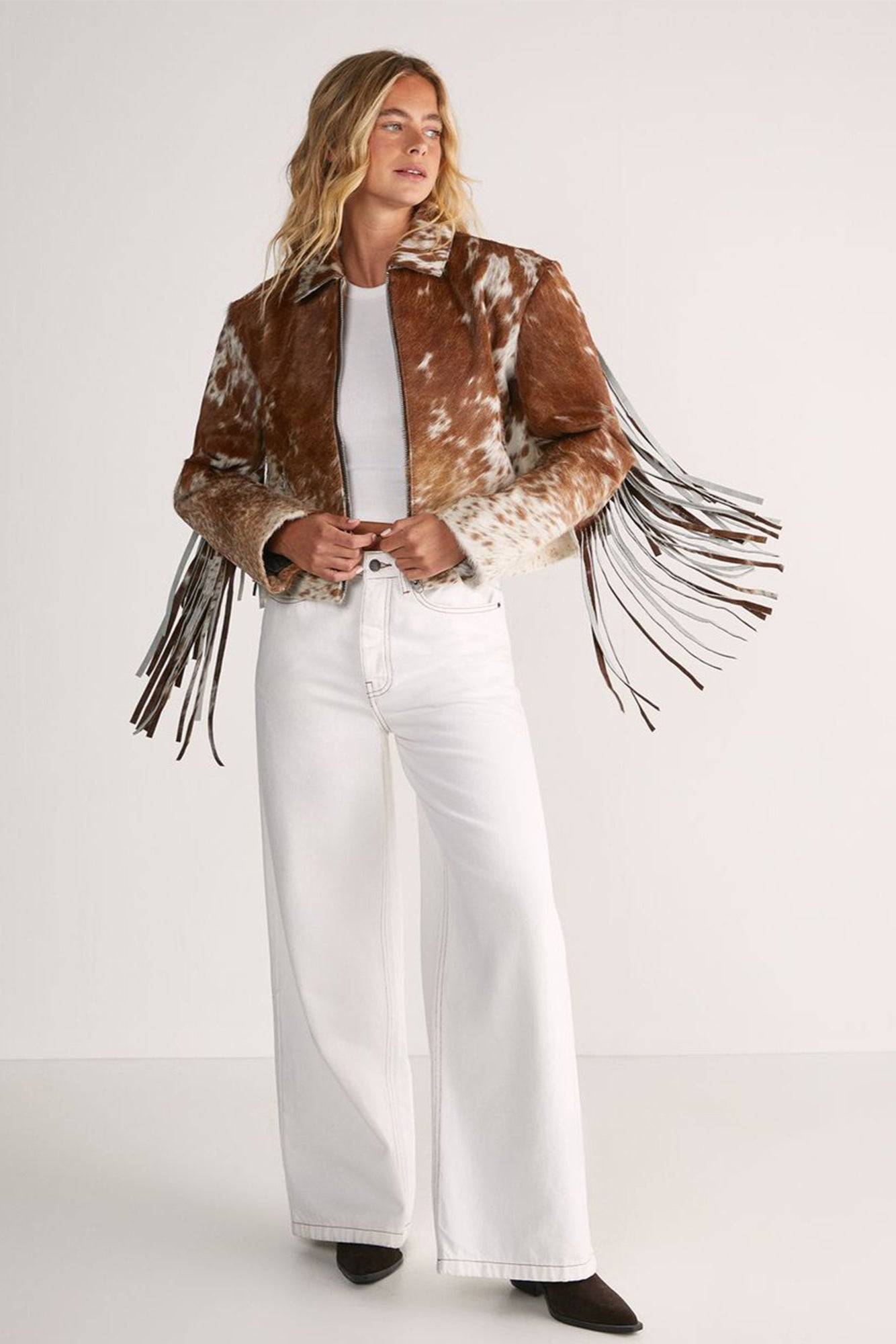 Women Western Cowgirl Full Grain Cowhide Cow Skin Leather Jacket with Fringe