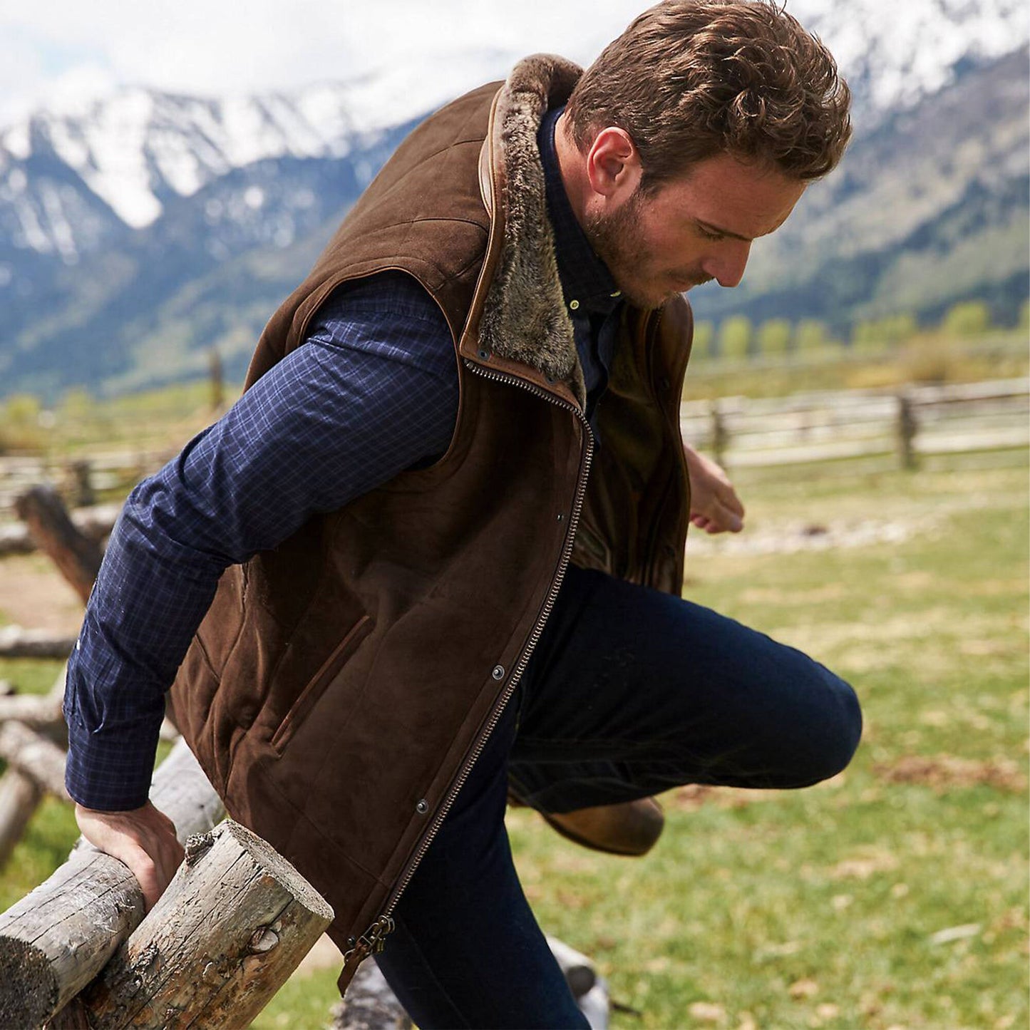 Men's Cowboy Real Suede Brown Shearling Leather Vest: 90s Western Vintage Style