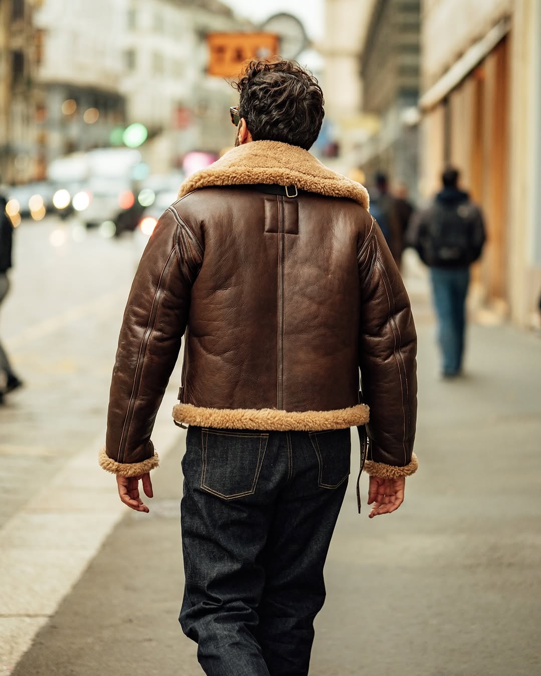 Mens Aviator Flight Vintage Brown Genuine Leather Shearling Jacket-Men’s vintage 70s brown shearling leather jacket – genuine sheepskin aviator bomber with shearling collar and retro flight design.