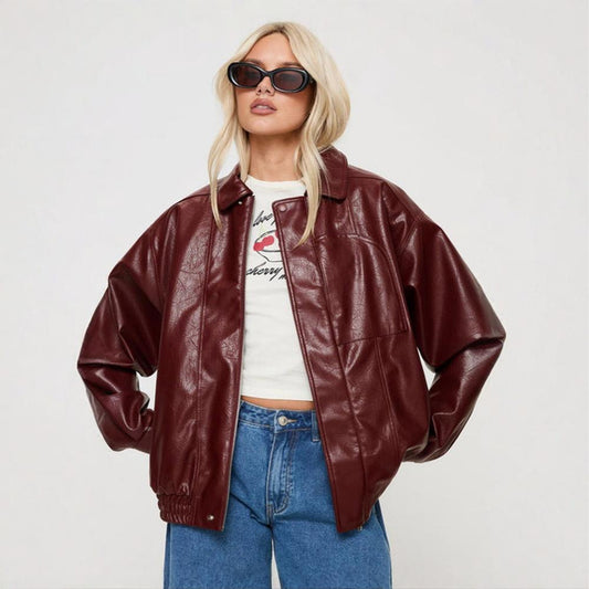 Women's Oversized Vintage Bomber Genuine Burgundy Leather Jacket