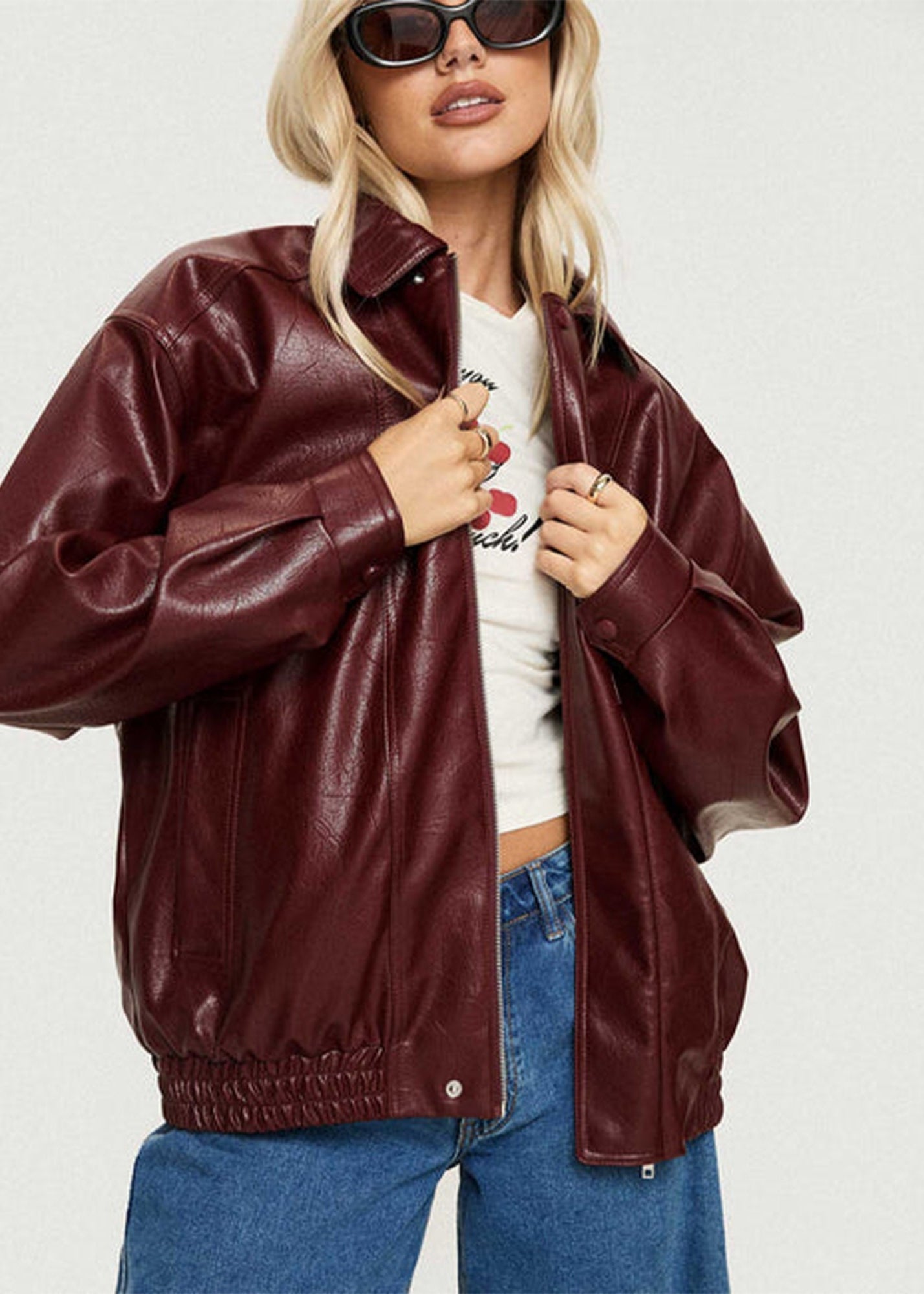 90s Women's Oversized Vintage Bomber Genuine Burgundy Leather Jacket