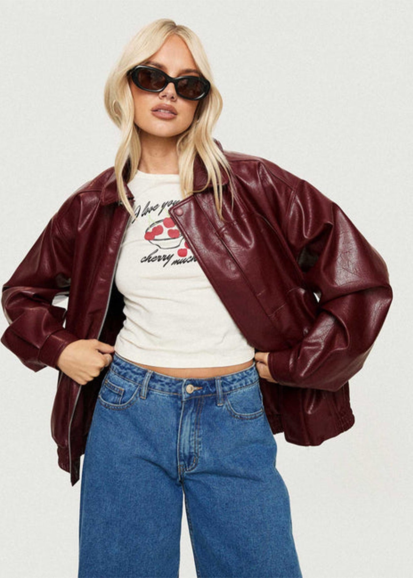 90s Women's Oversized Vintage Bomber Genuine Burgundy Leather Jacket