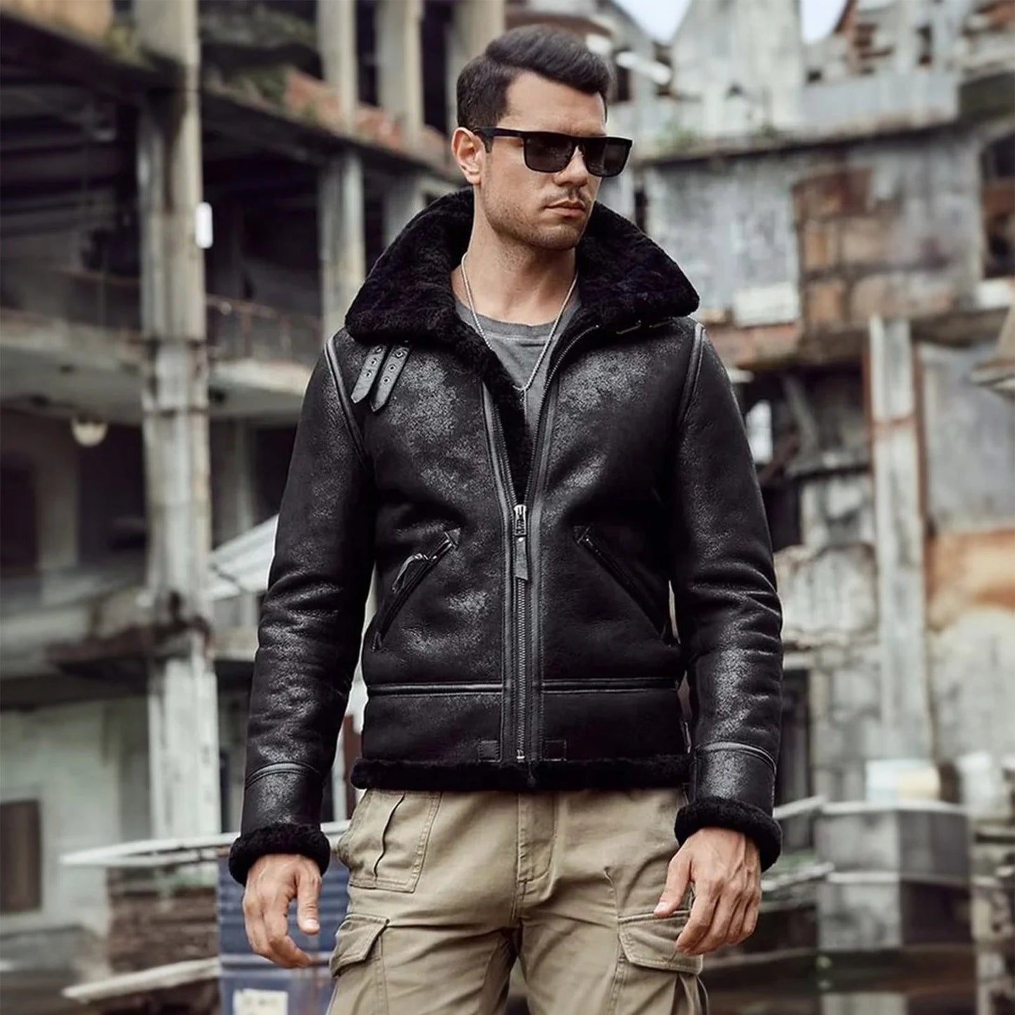 Mens Black Aviator Flight Genuine Sheepskin Vintage Shearling Leather Jacket-Men’s 70s vintage black sheepskin leather aviator jacket – bomber style with shearling lining, shearling collar, and retro flight look.