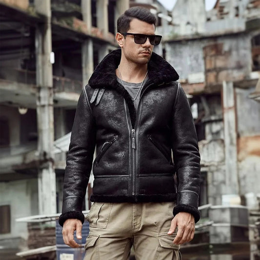 Mens Black Aviator Flight Genuine Sheepskin Vintage Shearling Leather Jacket-Men’s 70s vintage black sheepskin leather aviator jacket – bomber style with shearling lining, shearling collar, and retro flight look.