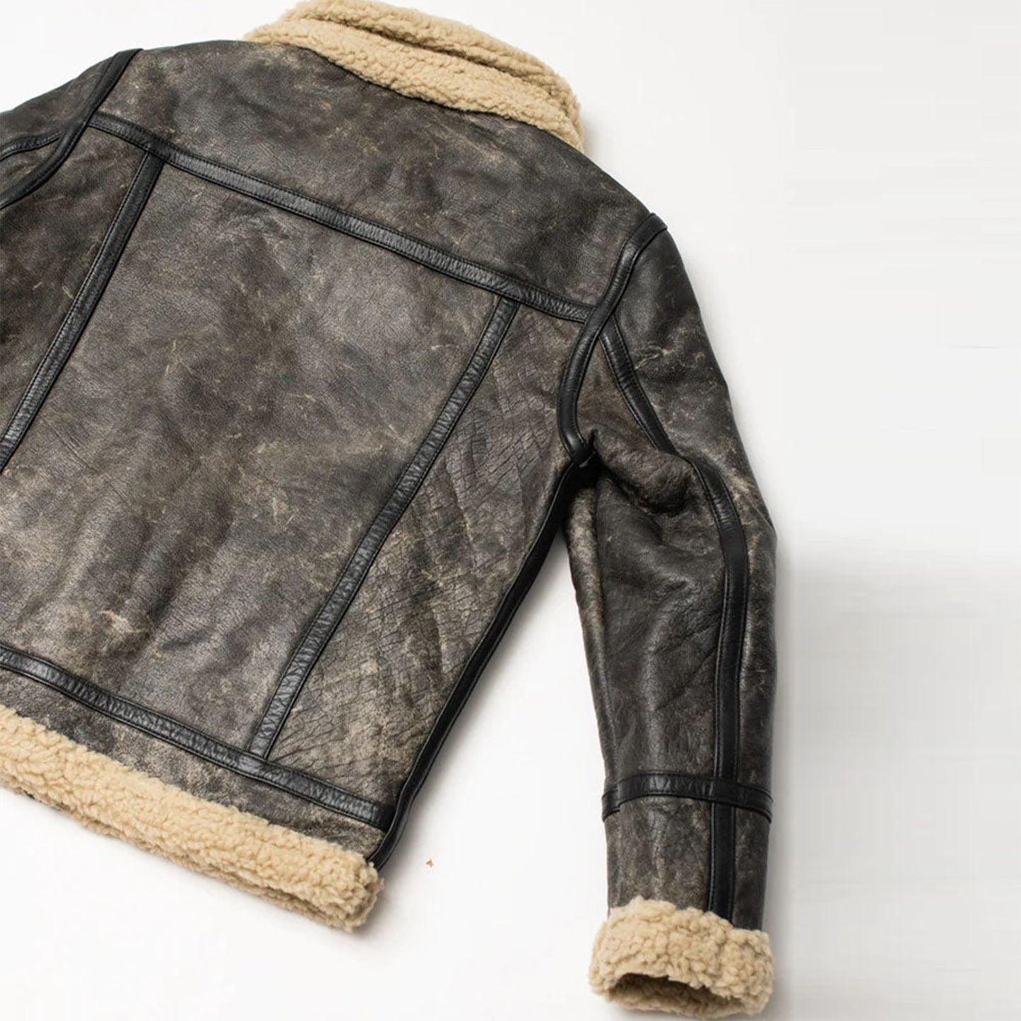 Men's Brown Genuine Leather Shearling Jacket-sheepskin aviator bomber coat, vintage flight jacket style, warm winter outerwear.
