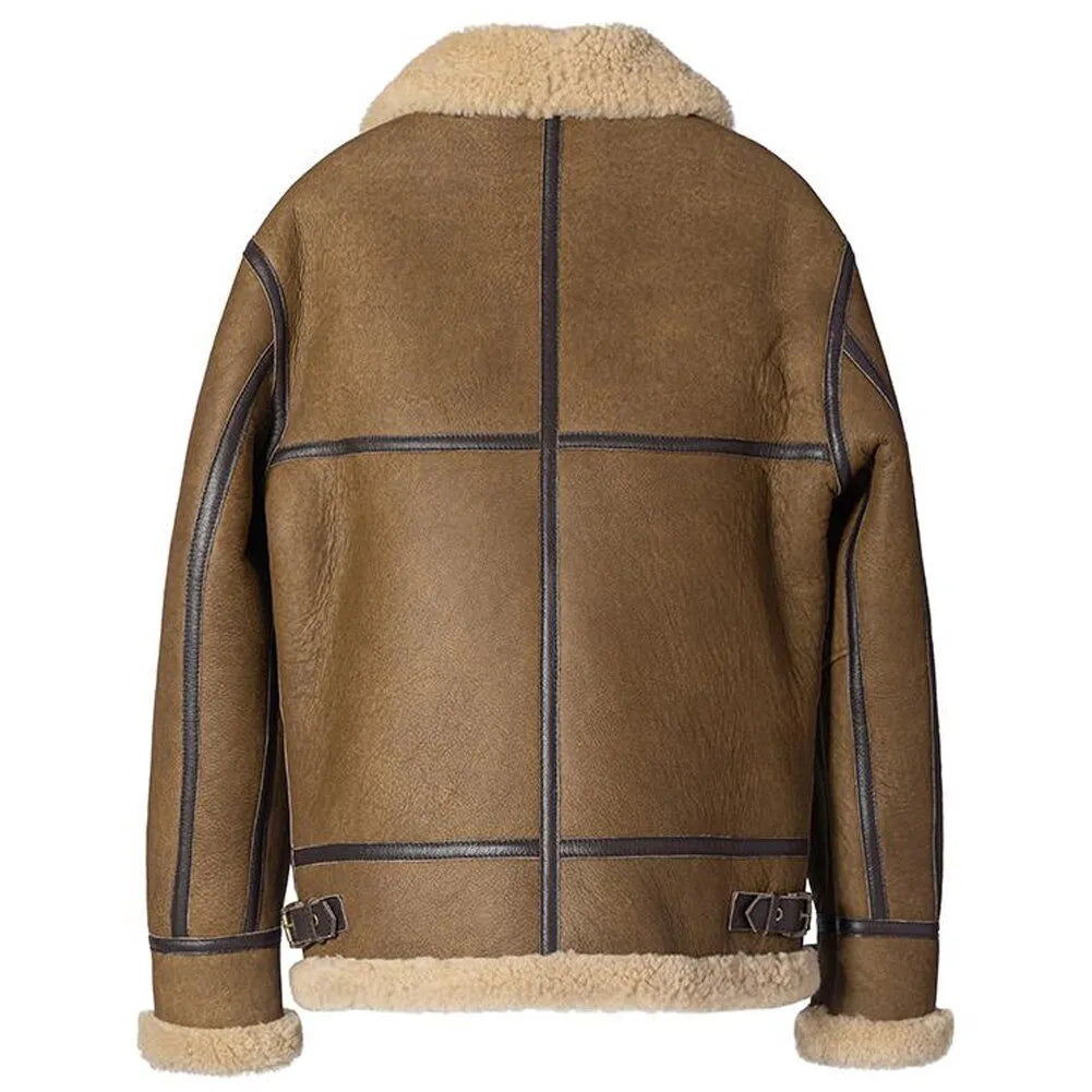 Mens Vintage Brown Genuine Sheepskin Leather Shearling Aviator Jacket