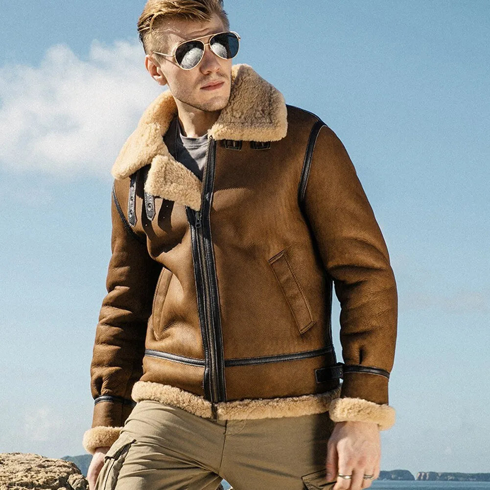 Mens Vintage Brown Genuine Sheepskin Leather Shearling Aviator Jacket