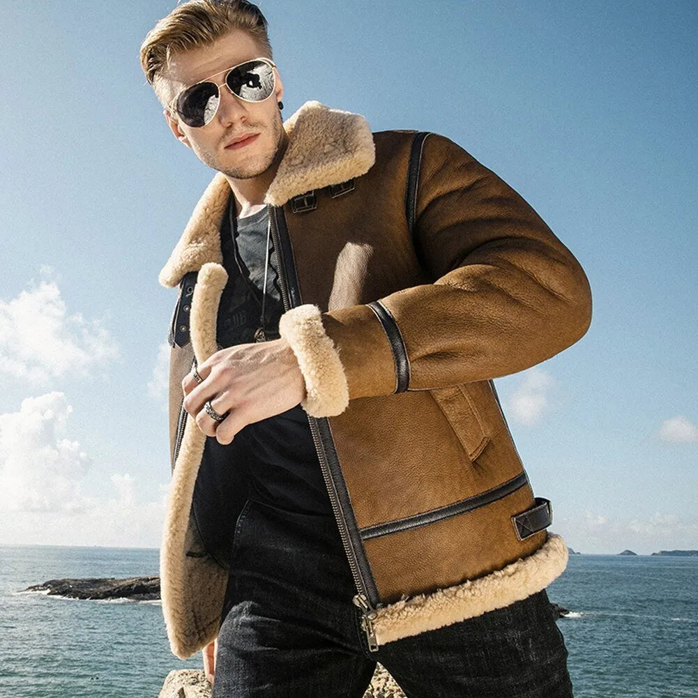 Mens Vintage Brown Genuine Sheepskin Leather Shearling Aviator Jacket