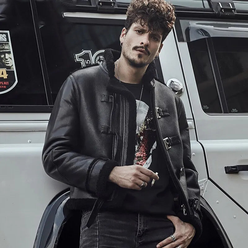 Mens Black Flying Aviator Sheepskin Shearling B3 Bomber Jacket-Men’s B3 bomber aviator jacket in black sheepskin leather with thick moto shearling lining – classic WW2 flight style coat.