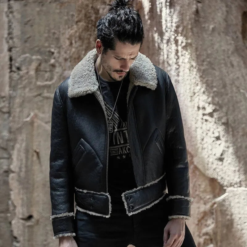 Mens Vintage Black Flight Aviator Shearling Sheepskin Leather Jacket