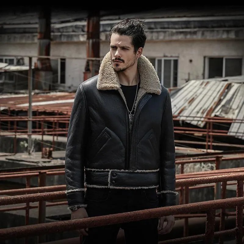 Mens Vintage Black Flight Aviator Shearling Sheepskin Leather Jacket