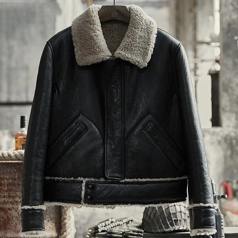 Mens Vintage Black Flight Aviator Shearling Sheepskin Leather Jacket
