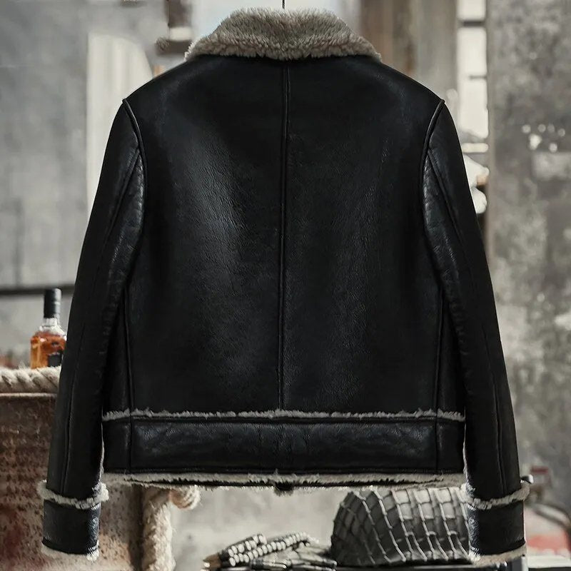 Mens Vintage Black Flight Aviator Shearling Sheepskin Leather Jacket