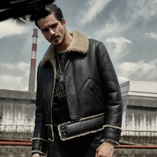 Mens Vintage Black Flight Aviator Shearling Sheepskin Leather Jacket