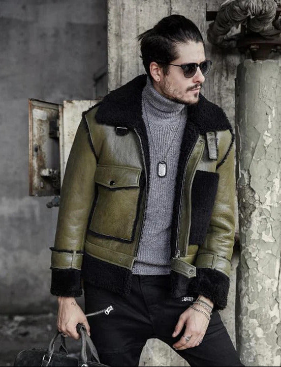 Mens Green Aviator Sheepskin Shearling B3 Bomber Flight Jacket-Men’s B3 aviator bomber jacket in genuine sheepskin leather with thick shearling lining – classic WW2 flight coat style.